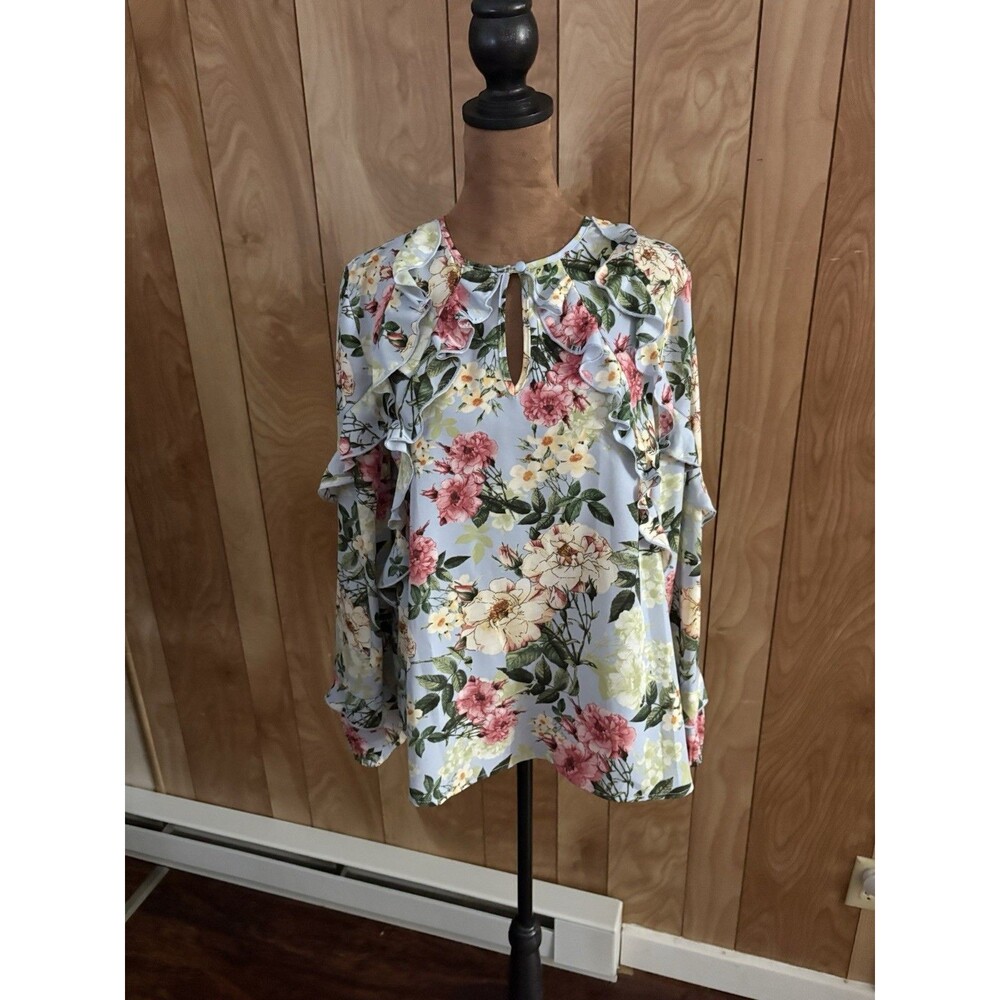 Pleione Bell Sky Blue Floral Print Ruffle Blouse‎ Nwts Size 12